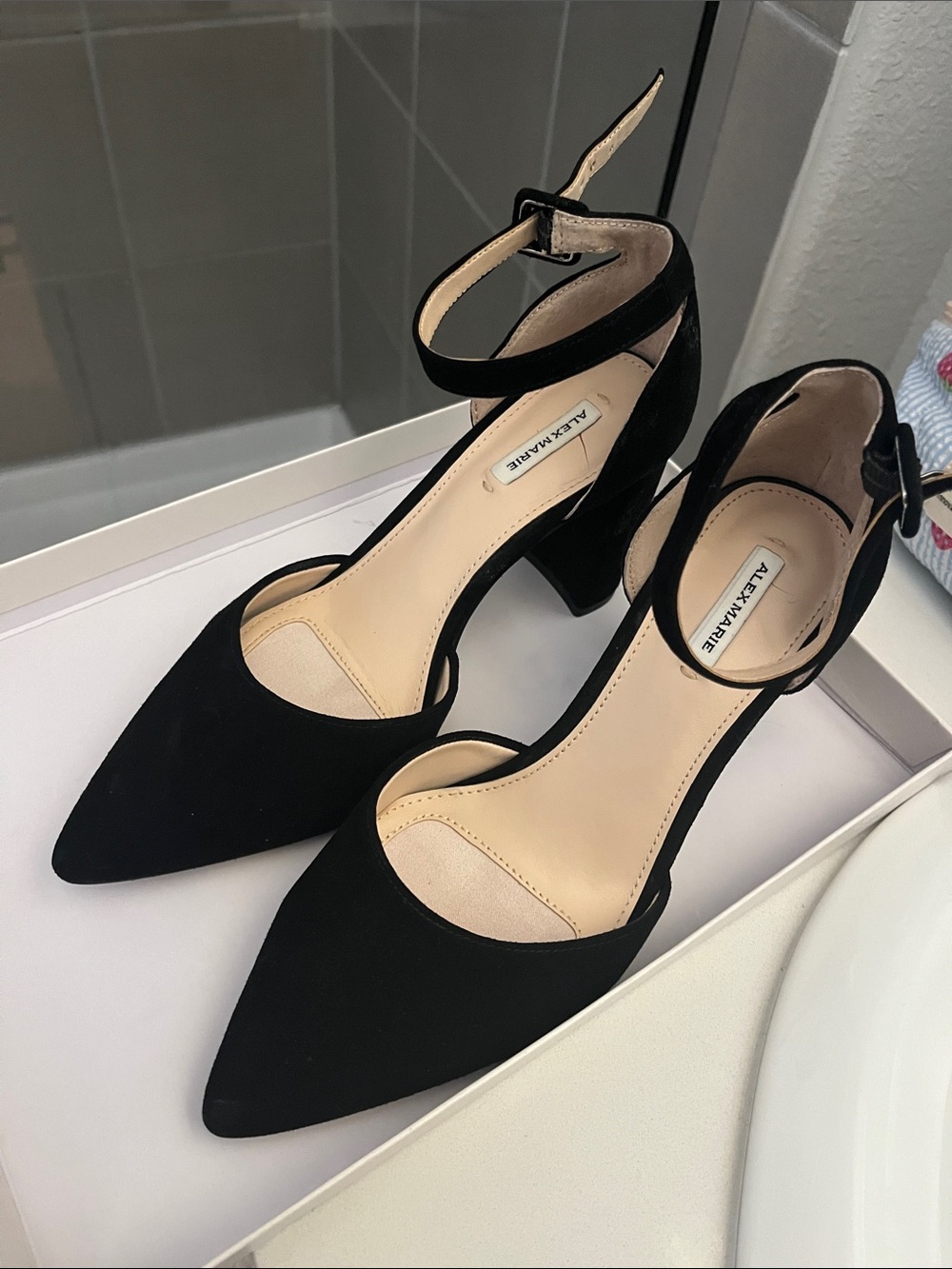 Alex Marie Black Pointed Ankle-Strap Heels